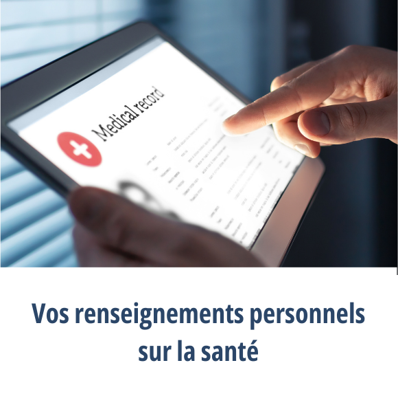 Un patient tenant une tablette avec un dossier médical à l’écran et le bouton « Vos renseignements personnels médical. »